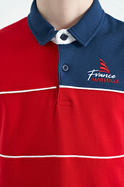 TOMMY LIFE Red Color Blocked Embroidery Writing Detailed Standard Mold Polo Collar Boy T-shirt - 11109