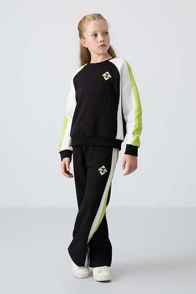 TOMMY LIFE Μαύρο O λαιμόκοψη με φαρδύ πόδι Standard Fit εμπριμέ κοριτσίστικο κοστούμι φόρμας - 75165