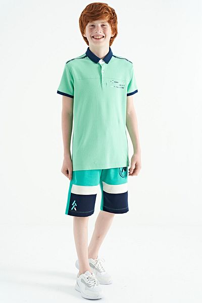 TOMMY LIFE Aqua Green Print Λεπτομερές μπλουζάκι για αγόρι με λαιμόκοψη με τυπική εφαρμογή - 11140