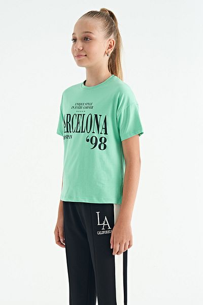 TOMMY LIFE Water Green O Neck Text Printed Off Shoulder Oversize T-shirt για κορίτσια - 75115