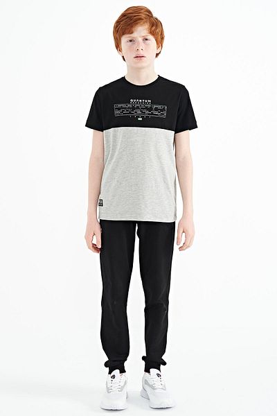 TOMMY LIFE Grey Melange Printed Color Block Standard Mold O-neck Boy's T-shirt - 11134