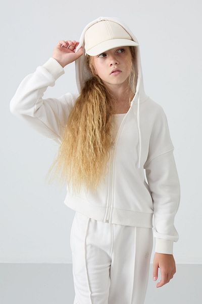 TOMMY LIFE Embroidered Girl's Tracksuit Set - Ecru Cotton, Furry Inside, Soft Texture - 75161