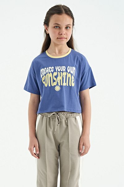 TOMMY LIFE Tricou pentru fetiță, cu mânecă scurtă supradimensionată, cu imprimeu text în culoarea liliac deschis - 75111
