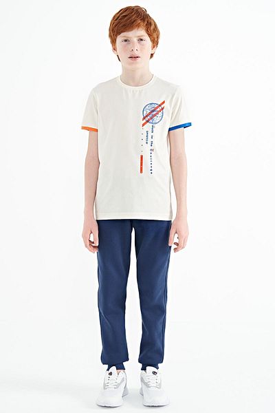 TOMMY LIFE Ecru Print Detailed O-Neck Standard Mold Boy T-shirt - 11131