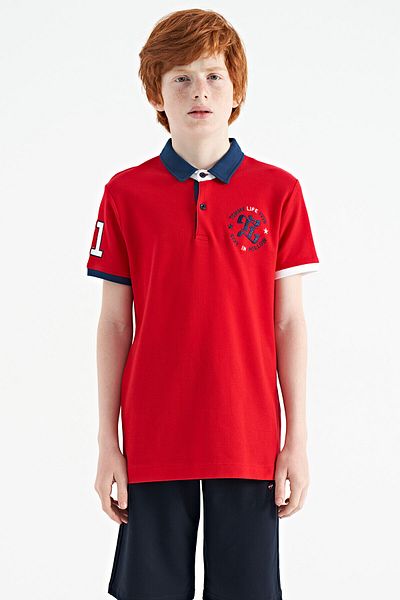TOMMY LIFE Red Sleeve Chest Embroidery Detailed Standard Mold Polo Collar Boy's T-shirt - 11086
