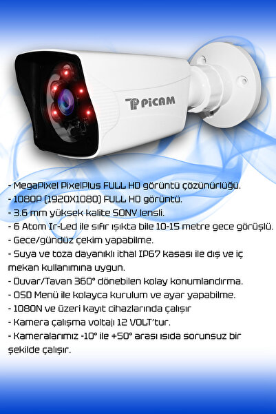 Picam 4 Kameralı Kare 2 Iç Kamera Set 320 Gb Hdd Full Hd Gece Görüşlü Güvenlik Kamerası Sistemi