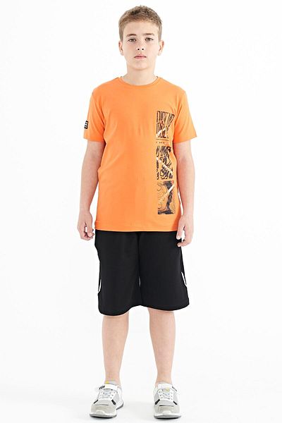 TOMMY LIFE Tricou detaliat cu imprimeu portocaliu, cu decolteu O, Standard Mold Boy pentru băiat - 11104