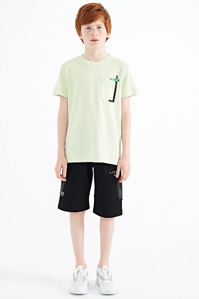 TOMMY LIFE Light Green Pocket Detailed O Neck Standard Mold Boy's T-shirt - 11120