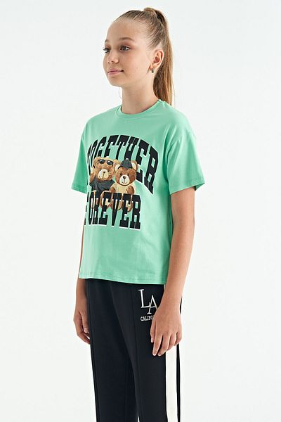 TOMMY LIFE Water Green Teddy Bear Printed O Neck Oversize Short Sleeve Girls' T-Shirt - 75116