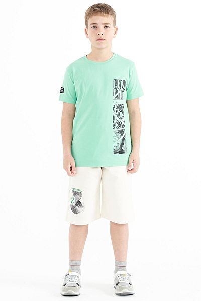 TOMMY LIFE Water Green Print Λεπτομερές μπλουζάκι για αγόρι με λαιμόκοψη σε τυπική εφαρμογή - 11104