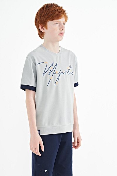 TOMMY LIFE Gray Front Letter Embroidered O Neck Oversize Boy's T-shirt - 11147