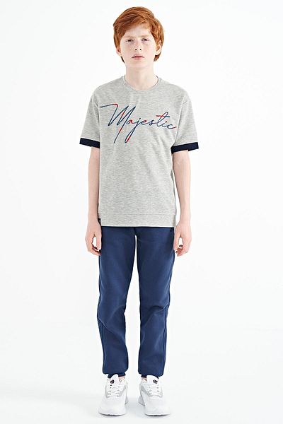 TOMMY LIFE Grey Melange Embroidered O-neck Oversize Boy's T-shirt - 11147