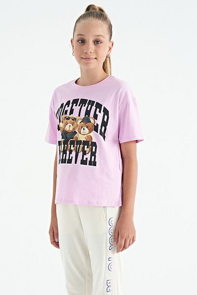 TOMMY LIFE Pink Teddy Bear Printed O Neck Oversize Short Sleeve Girls' T-Shirt - 75116