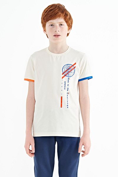 TOMMY LIFE Ecru Print Detailed O-Neck Standard Mold Boy T-shirt - 11131