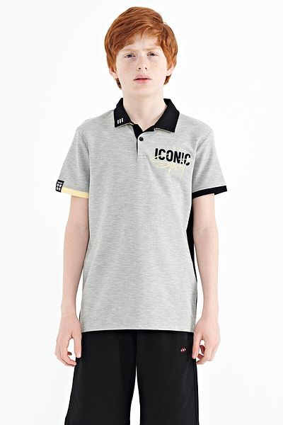 TOMMY LIFE Grey Melange Collar Shell Embroidery Detailed Standard Mold Polo Collar Boy's T-shirt - 11139