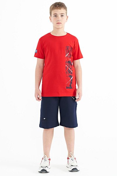 TOMMY LIFE Red Print Detailed O Neck Standard Mold Boy's T-shirt - 11104