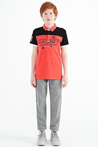 TOMMY LIFE Coral Color Block Text Embroidered Standard Pattern Polo Neck Boys' T-shirt - 11087