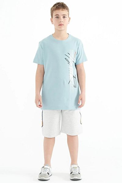 TOMMY LIFE Ανοιχτό μπλε κείμενο με εκτύπωση O λαιμό Standard Mold Boy's T-shirt - 11119