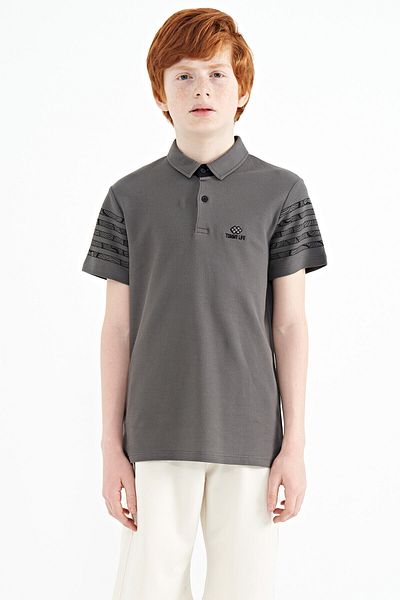TOMMY LIFE Dark Gray Sleeve Print Detailed Standard Mold Polo Collar Boy T-shirt - 11093