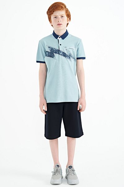 TOMMY LIFE Tricou pentru băiat, cu decolteu polo, cu croială standard, cu imprimeu albastru deschis - 11154
