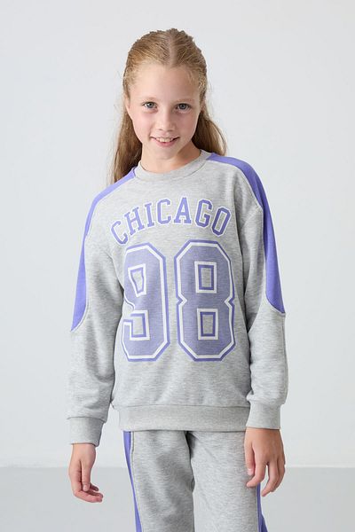 TOMMY LIFE Gray Melange Cotton Furry Inside Soft Textured Standard Fit Printed Girl's Tracksuit Set - 75170
