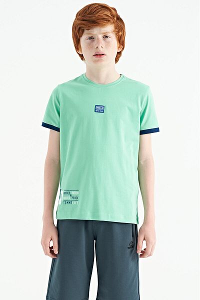 TOMMY LIFE Water Green Printed Standard Fit O Neck Boy's T-Shirt - 11097
