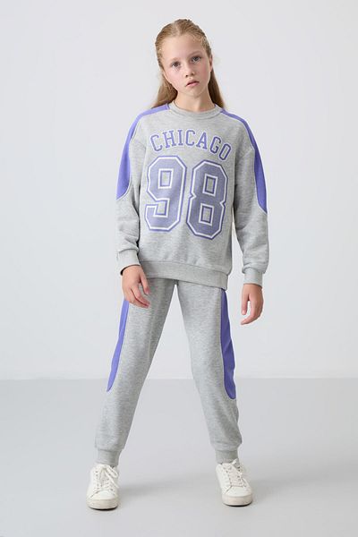 TOMMY LIFE Gray Melange Cotton Furry Inside Soft Textured Standard Fit Printed Girl's Tracksuit Set - 75170