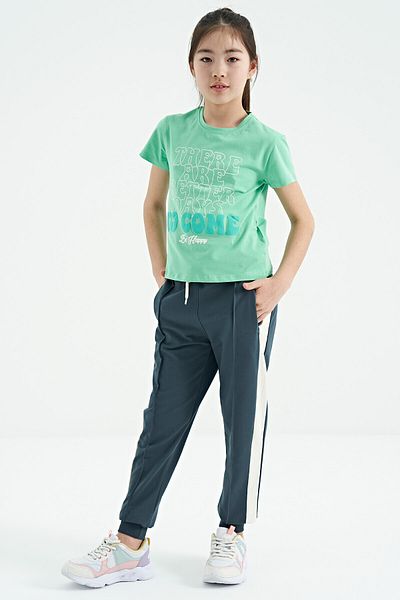 TOMMY LIFE Water Green O Neck Text Printed Comfortable Form κοντομάνικο κομμένο μπλουζάκι για κορίτσια - 75118