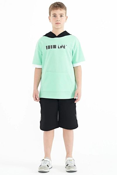 TOMMY LIFE Water Green Color Block Hooded Oversize Boy's T-shirt with Kangaroo Pocket - 11148