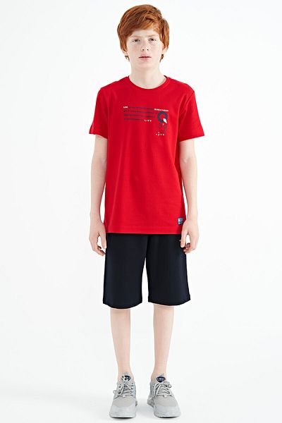 TOMMY LIFE Red Print Detailed O Neck Standard Mold Boy's T-shirt - 11145