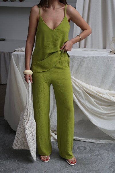 Paw Garage Women's Shay Olive Ayrobin Rope Strap Blouse Wide Leg Pants Set, Summer New Season