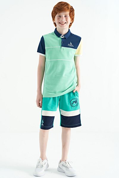 TOMMY LIFE Water Green Color Blocked Embroidery Detailed Standard Mold Polo Collar Boy's T-shirt - 11109