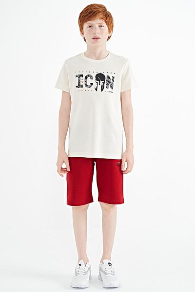 TOMMY LIFE Ecru Front Letter Embroidered O Neck Standard Mold Boy's T-shirt - 11118