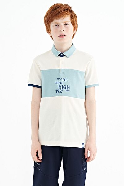 TOMMY LIFE Ecru Color Gradient Embroidery Detailed Standard Pattern Polo Neck Boy's T-shirt - 11110