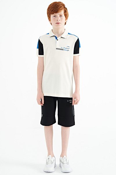 TOMMY LIFE Ecru Color Blocked Shoulder Garni Detailed Standard Mold Boy's T-shirt - 11155