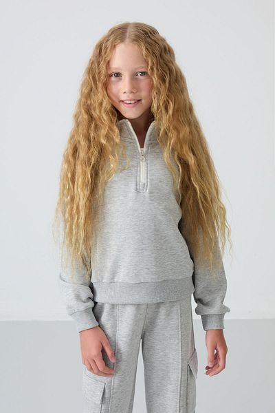 TOMMY LIFE Gray Embroidered Girl's Tracksuit Set - Melange Cotton, Furry Inner, Soft Texture - 75159