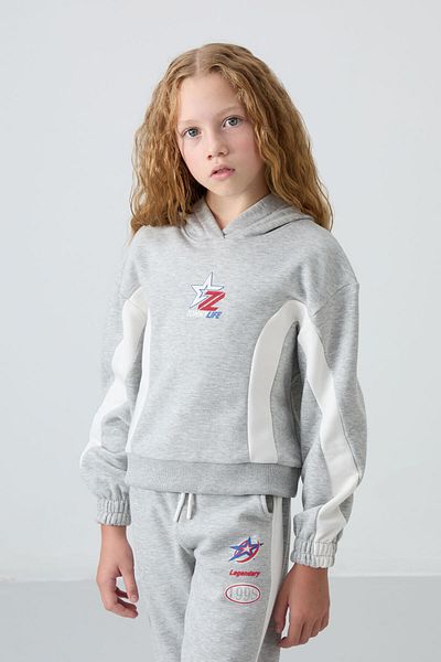 TOMMY LIFE Gray Melange Cotton Furry Girl's Tracksuit Set - Soft Textured, Printed - 75166