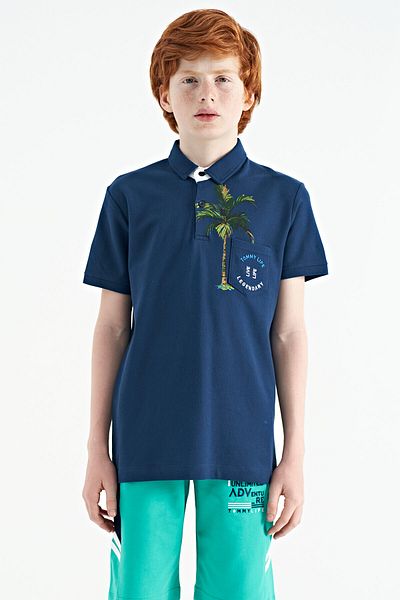 TOMMY LIFE Tricou cu gât polo pentru băieți - imprimeu indigo, detaliu buzunar, croială standard - 11144