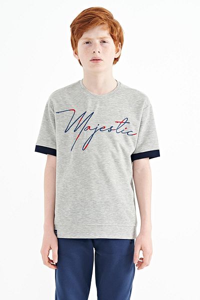 TOMMY LIFE Grey Melange Embroidered O-neck Oversize Boy's T-shirt - 11147