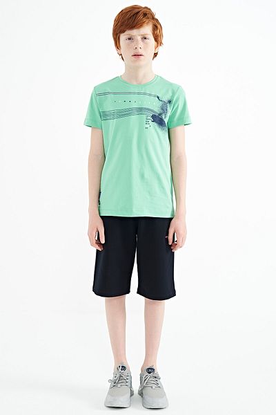 TOMMY LIFE Water Green Print Detailed Standard Fit O Neck Boy's T-shirt - 11133