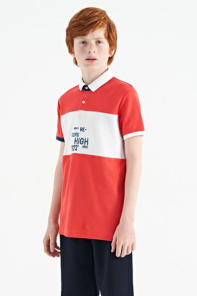 TOMMY LIFE Boy's Polo Collar T-Shirt - Coral Color, Embroidery Detail, Standard Size - 11110