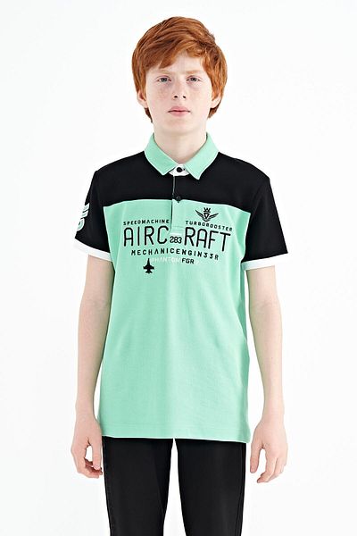 TOMMY LIFE Water Green Color Blocked Text Embroidered Standard Pattern Polo Neck Boys' T-shirt - 11087