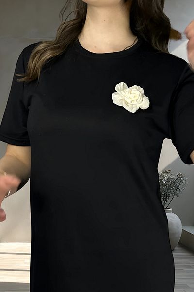 mefru Rochie lungă cu mânecă scurtă din țesătură modal cu trandafiri pentru femei