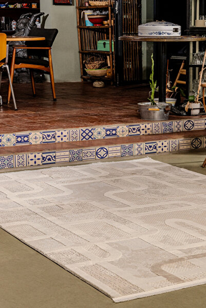 KREASYON HALI Boyut BY002 Krem-Kahve Yumuşak Dokulu Salon Mutfak Koridor Oturma Odası Yolluk Halı Makine Halısı