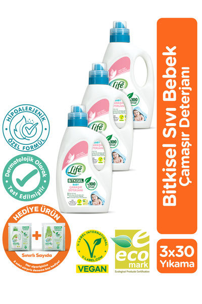 Life by Fakir Bitkisel Bazlı Vegan Sıvı Bebek Deterjanı 1500 ml X 3 Adet, %100 Doğal Temizlik