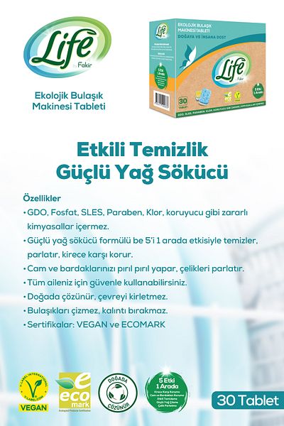Life by Fakir Ecological Vegan Dishwashing Detergent Tablets 30 Lu X 2 Pcs