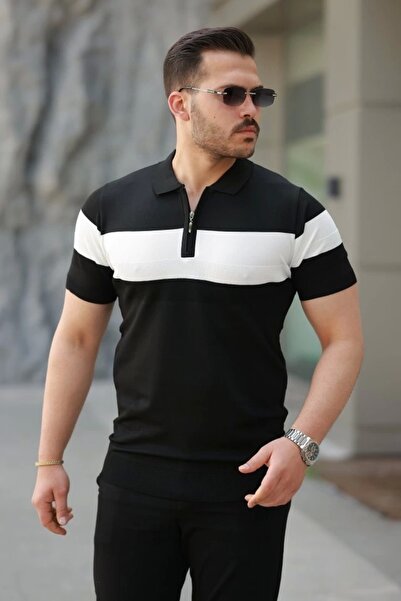 HAZEGO Мъжка тениска с къс ръкав и цип, яка и райета