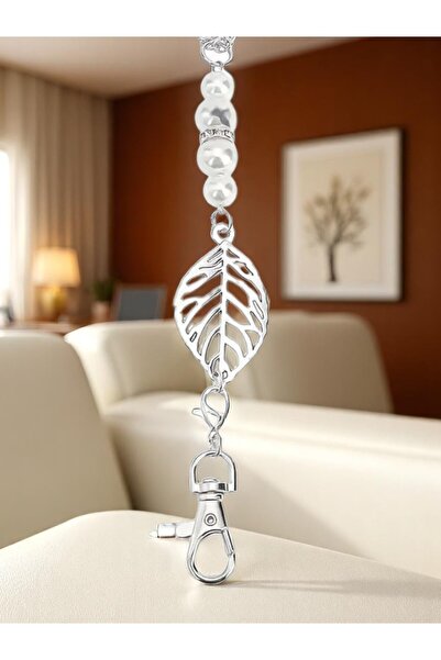 LavinTheMavi Pearl Detailed Silver Color Neck Rope and Transparent Card Holder