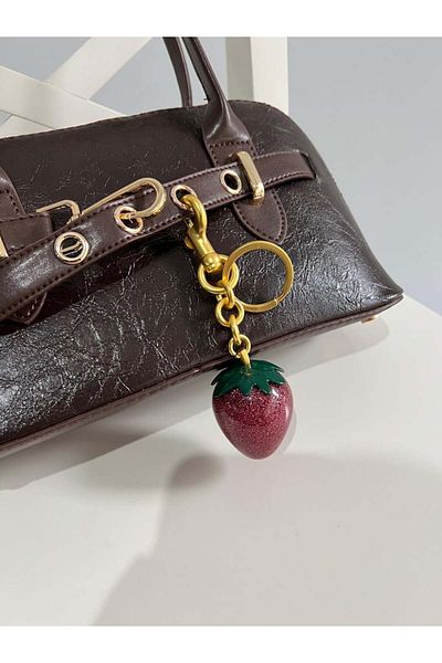 Jagu Glittery Red Gold Detailed Strawberry Bag Charm and Keychain