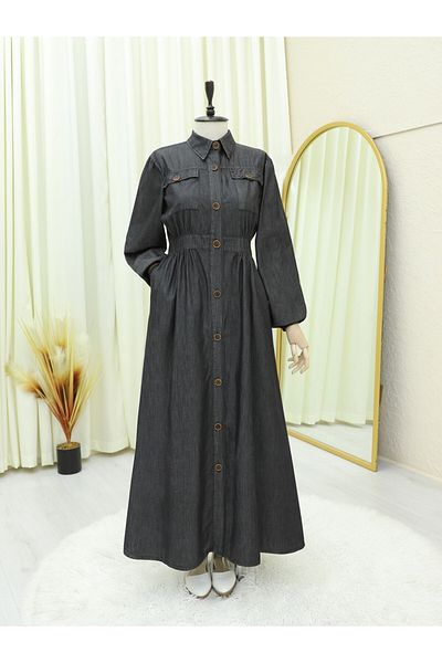 Modamorfo Buttoned Double Pocket Denim Dress with Elastic Sleeves - Anthracite